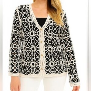 Solitaire Black/Cream Crochet Knit Cardigan‎ Button Front Boho Sweater Women’s S